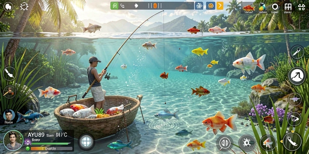 Tampilan gameplay AYU89 menampilkan aksi memancing yang seru.