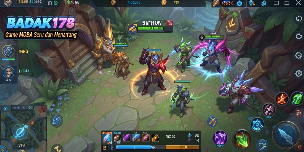Tampilan gameplay seru dalam pertempuran MOBA BADAK178.