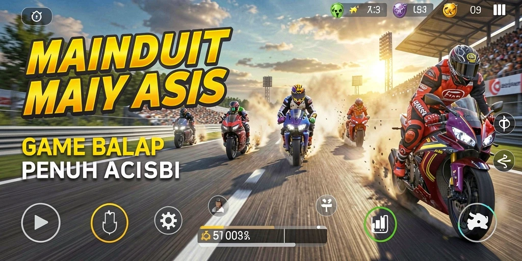 Tampilan gameplay <strong>MAINDUIT</strong> saat balapan motor di sirkuit malam yang seru.