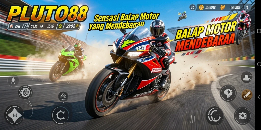 Gameplay PLUTO88 dengan balapan motor yang seru.