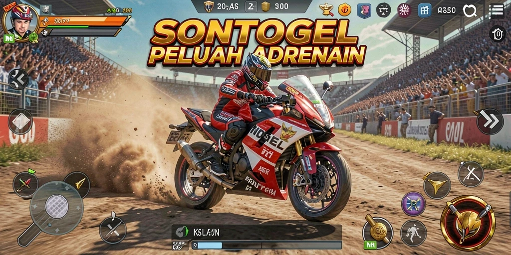 Screenshot gameplay SONTOGEL yang menunjukkan aksi balapan motor yang mendebarkan.