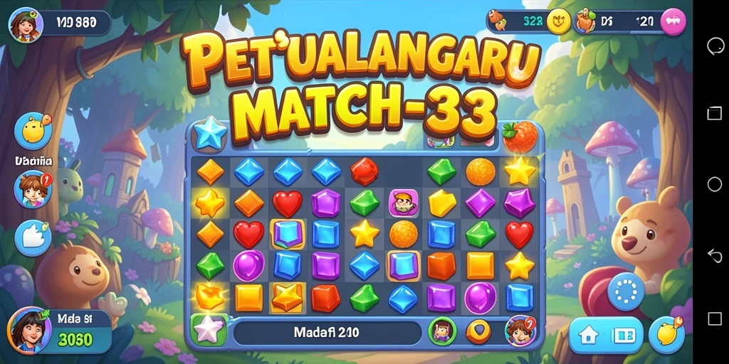 Screenshot V21 menampilkan gameplay Match-3 yang menarik dan penuh warna.
